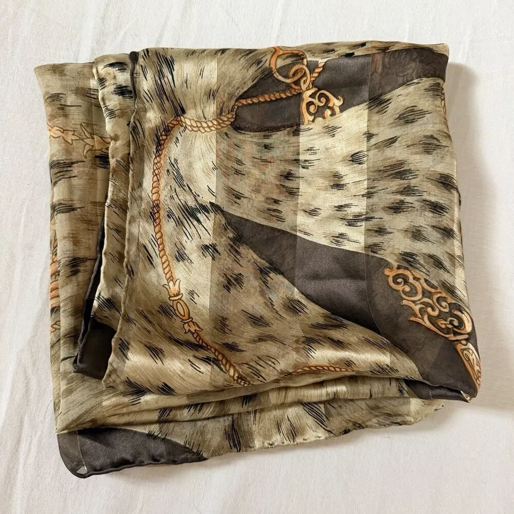 Vintage Silk Scarf Brown Gold Equestrian Chain Tassel Metallic Square 35x35